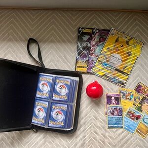 Lot of Pokémon Cards, Binder, and Pokéball